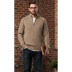 VTG Covington Mens Tan Cotton 1/4 Zip Stretch Pullover Ribbed Sweater Size M